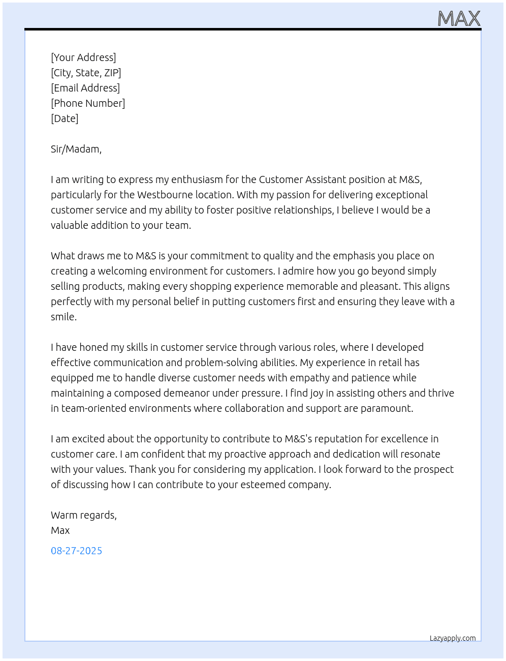 Cover letter for customer assisstant - LazyApply