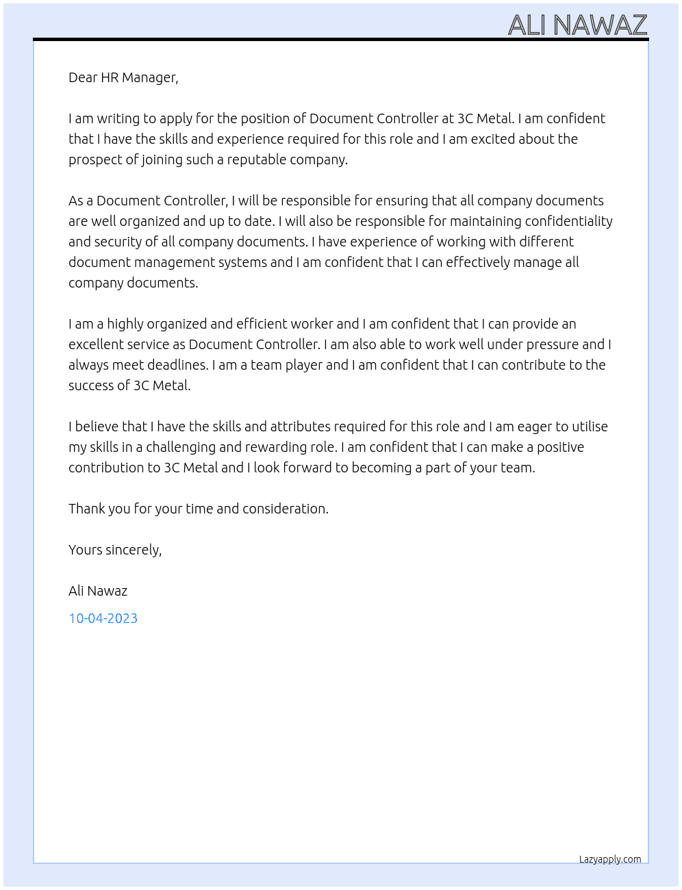 Document Controller At 3C Metal Cover Letter