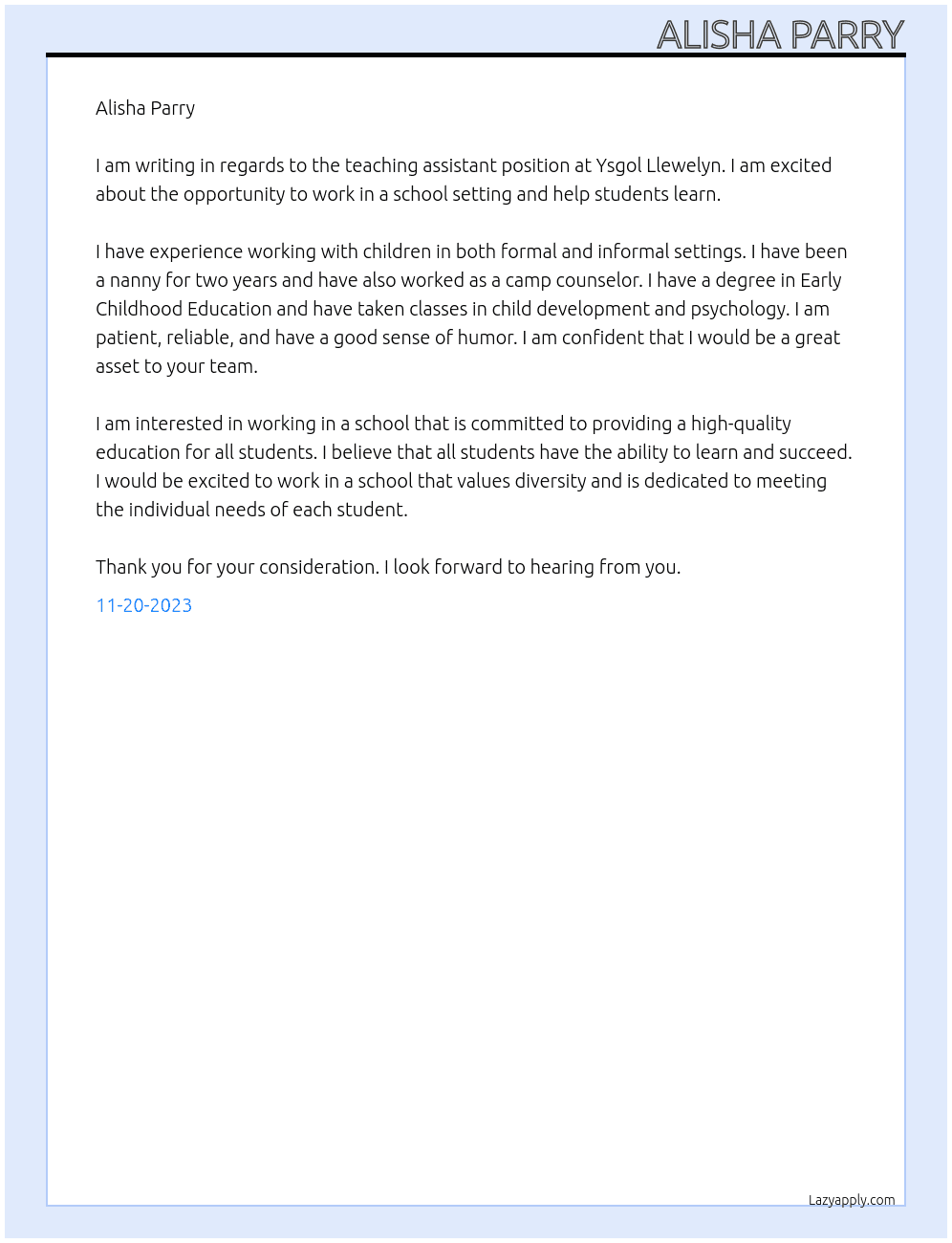Teaching Assistant At Ysgol Llewelyn Cover Letter