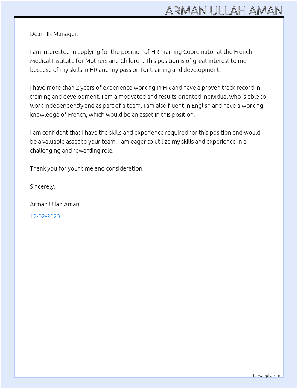 HR Training Coordinator At French Medical Institute for Mothers and Children Cover Letter