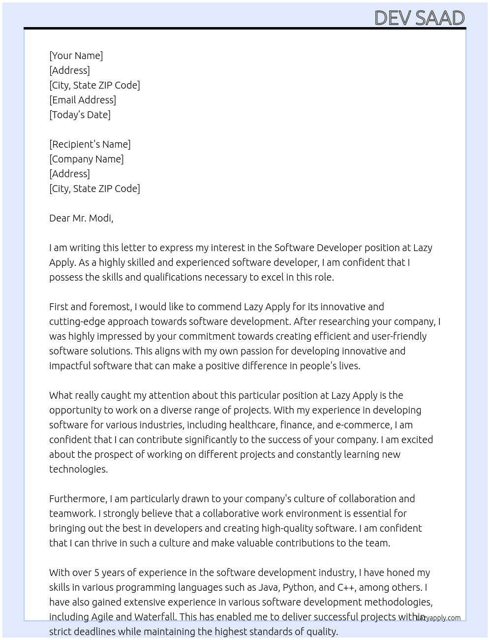 Software Developer At lazy apply Cover Letter