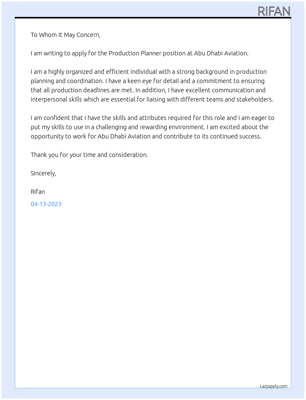 Production Planner At Abu Dhabi Aviation Cover Letter