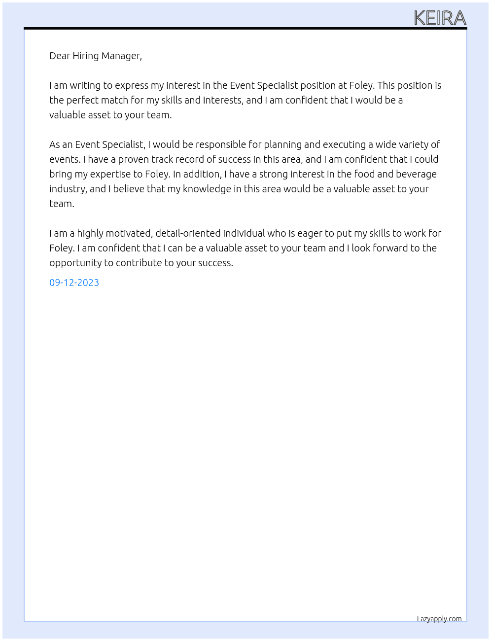 Event Specialist At Foley Cover Letter