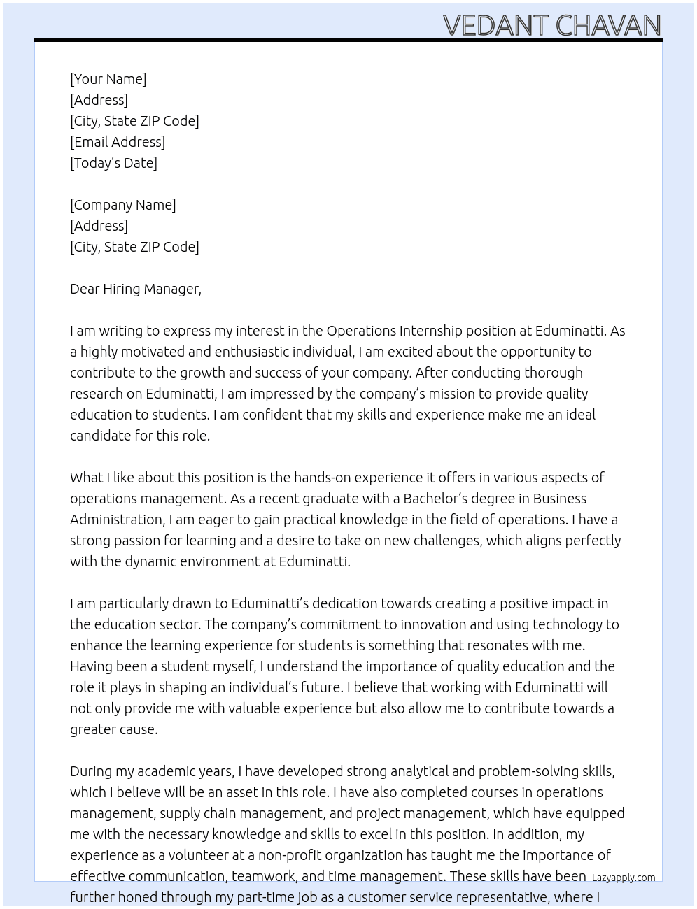 Operations Internship At Eduminatti Cover Letter