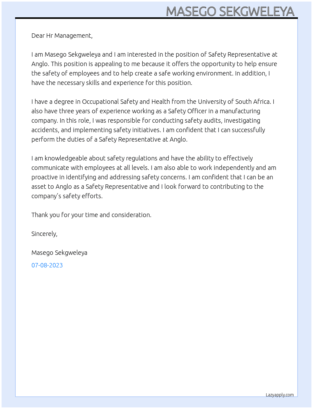 Safety Representative  At Anglo Cover Letter
