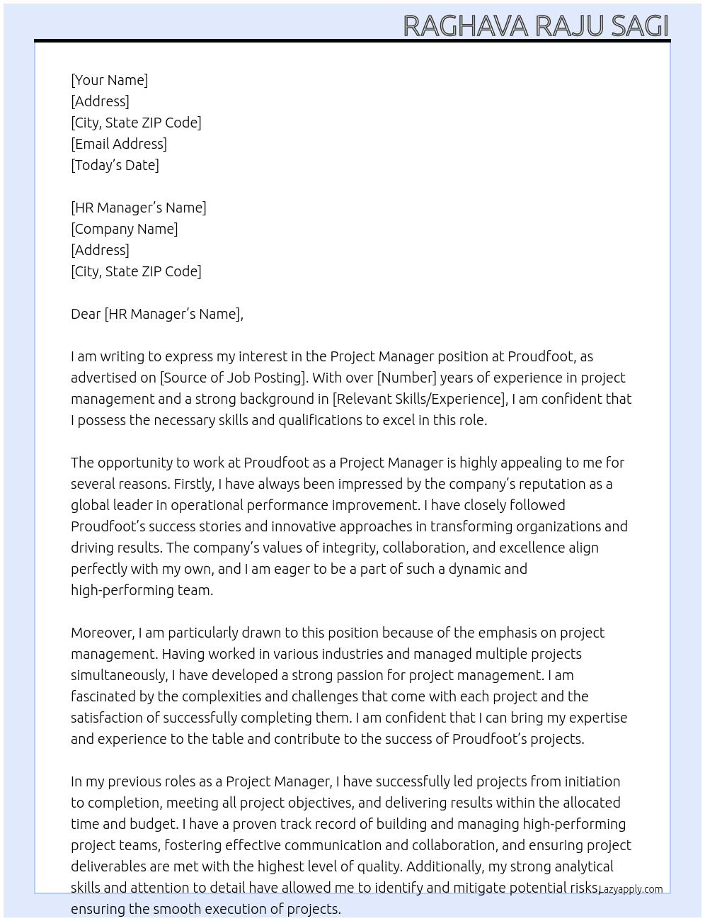 Project Manager At Proudfoot Cover Letter