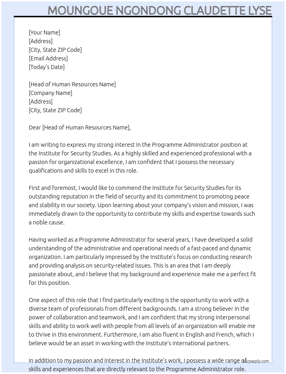 Programme Administrator At INSTITUTE FOR SECURITY STUDIES Cover Letter