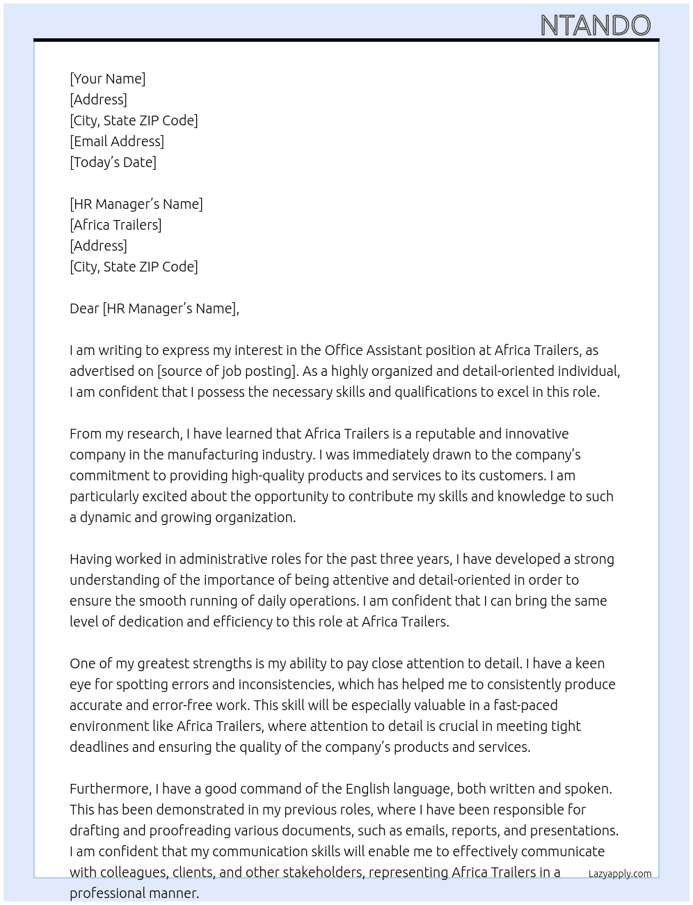 Office assistant At Africa Trailers Cover Letter
