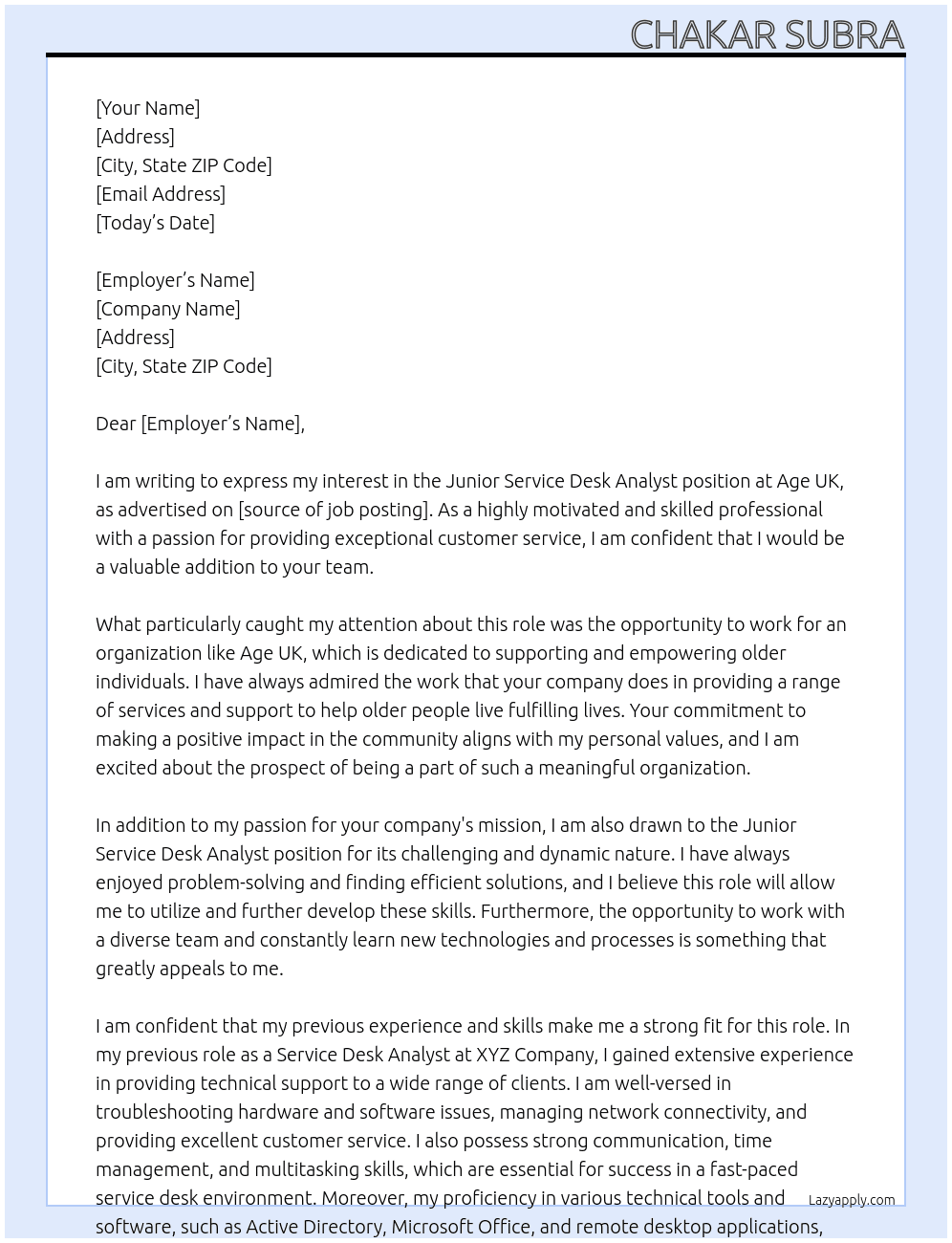 Junior Service Desk Analyst At Age UK Cover Letter