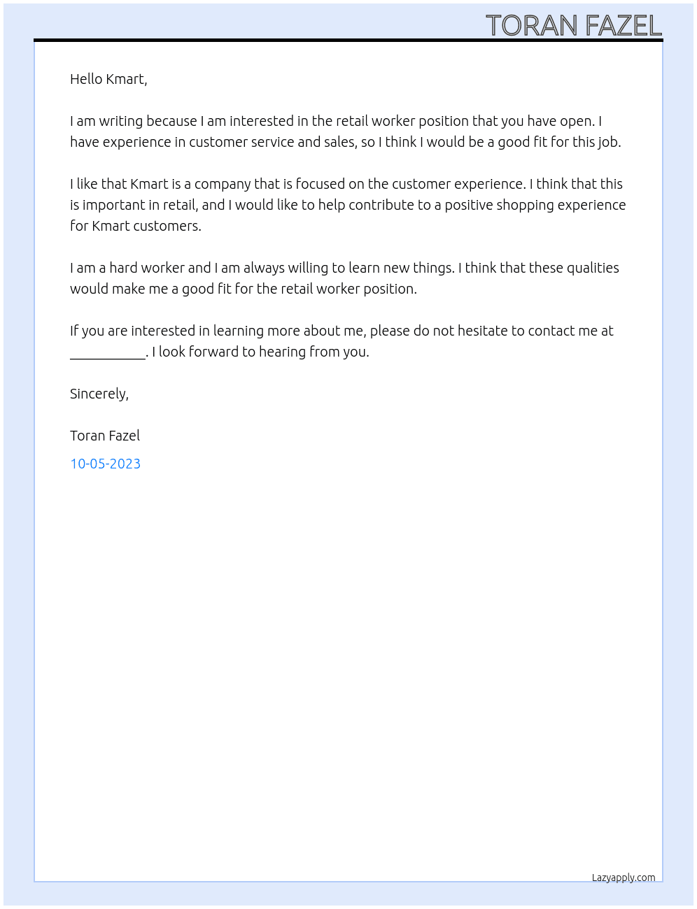 retail worker  At kmart  Cover Letter