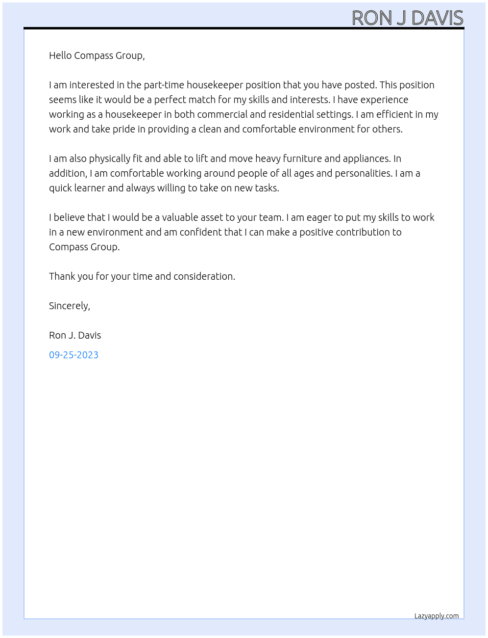Housekeeper, part time At Compass Group Cover Letter