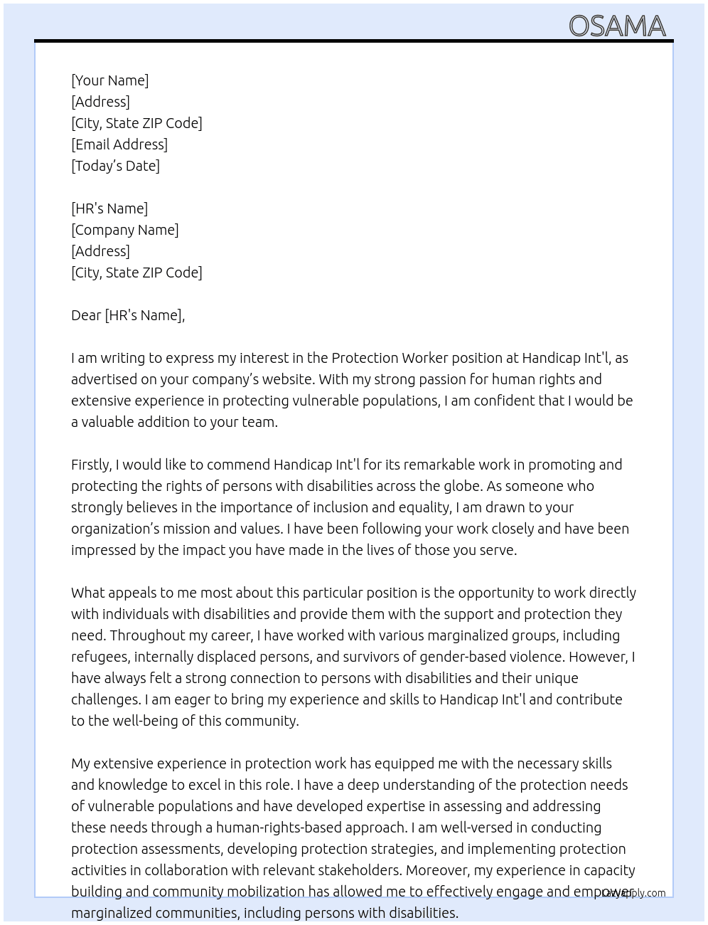 Protection Worker At Handicap Int'l Cover Letter