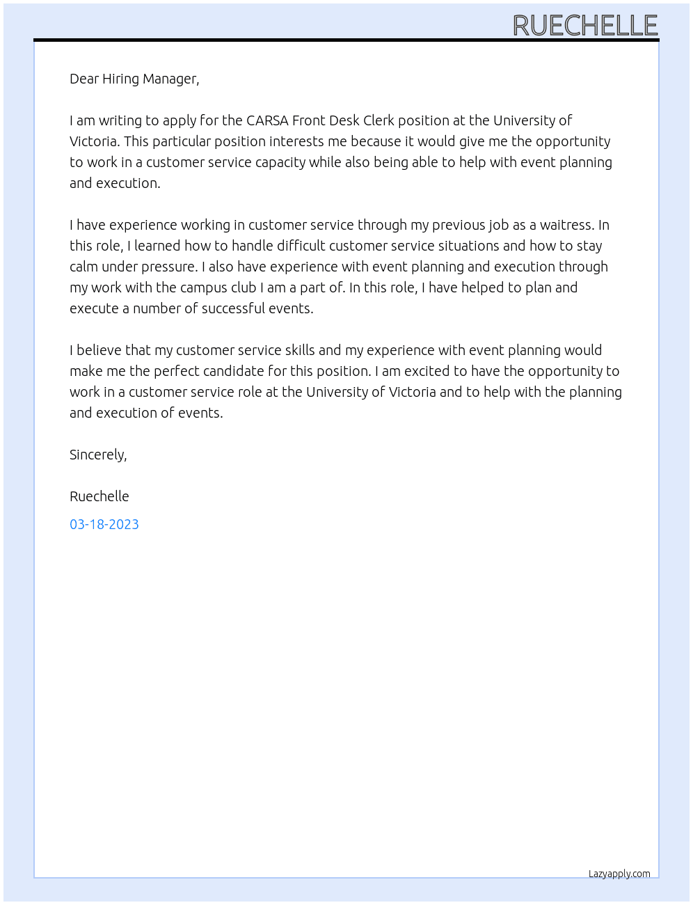 CARSA Front Desk Clerk  At University of Victoria Cover Letter