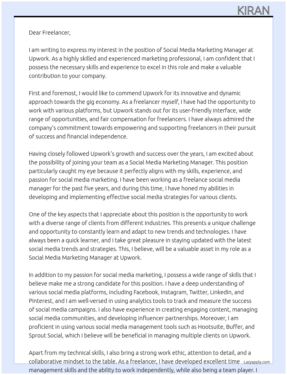 Cover letter for social media marketing manager - LazyApply