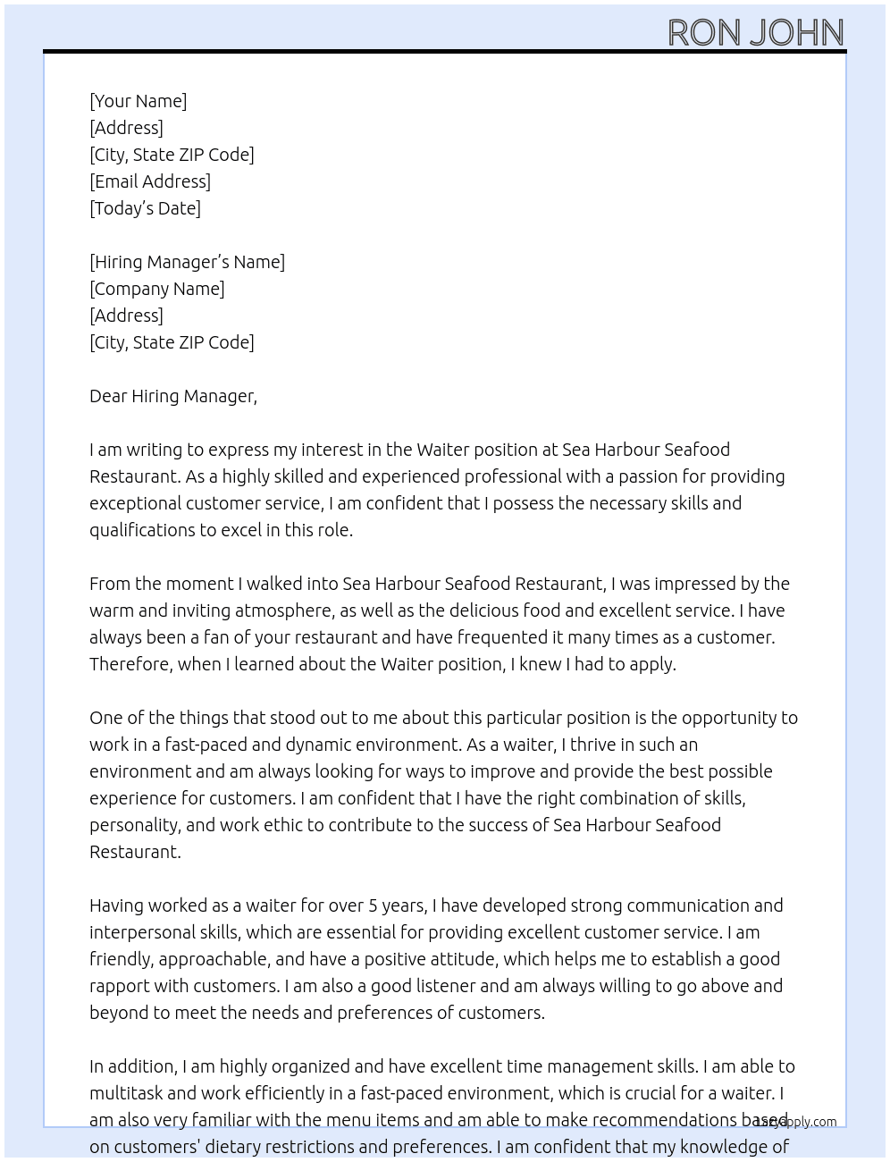 Waiter At Sea Harbour Seafood Restaurant Cover Letter