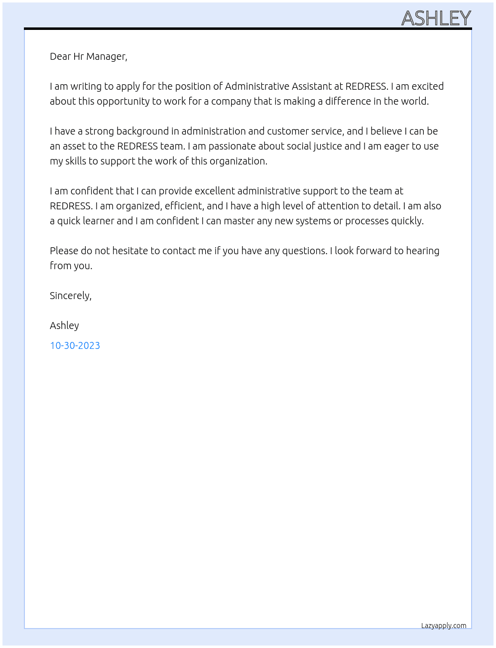 Administrative Assistant At REDRESS Cover Letter