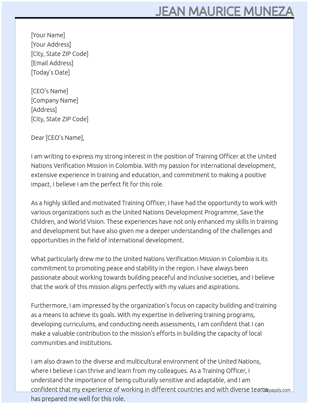Training Officer  At United Nations Verification Mission in Colombia  Cover Letter