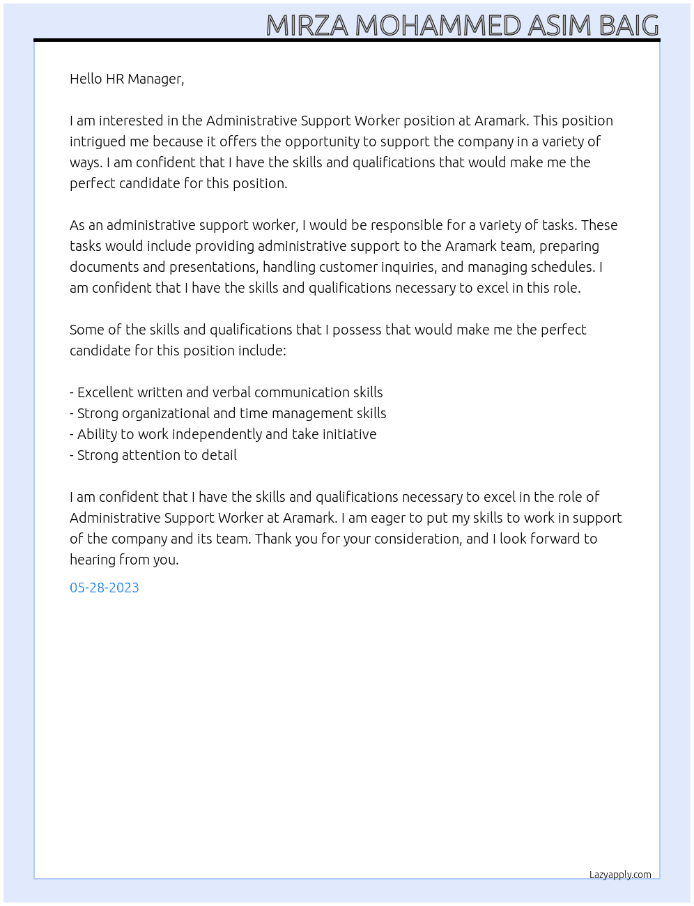 Administrative Support Worker At Aramark Cover Letter
