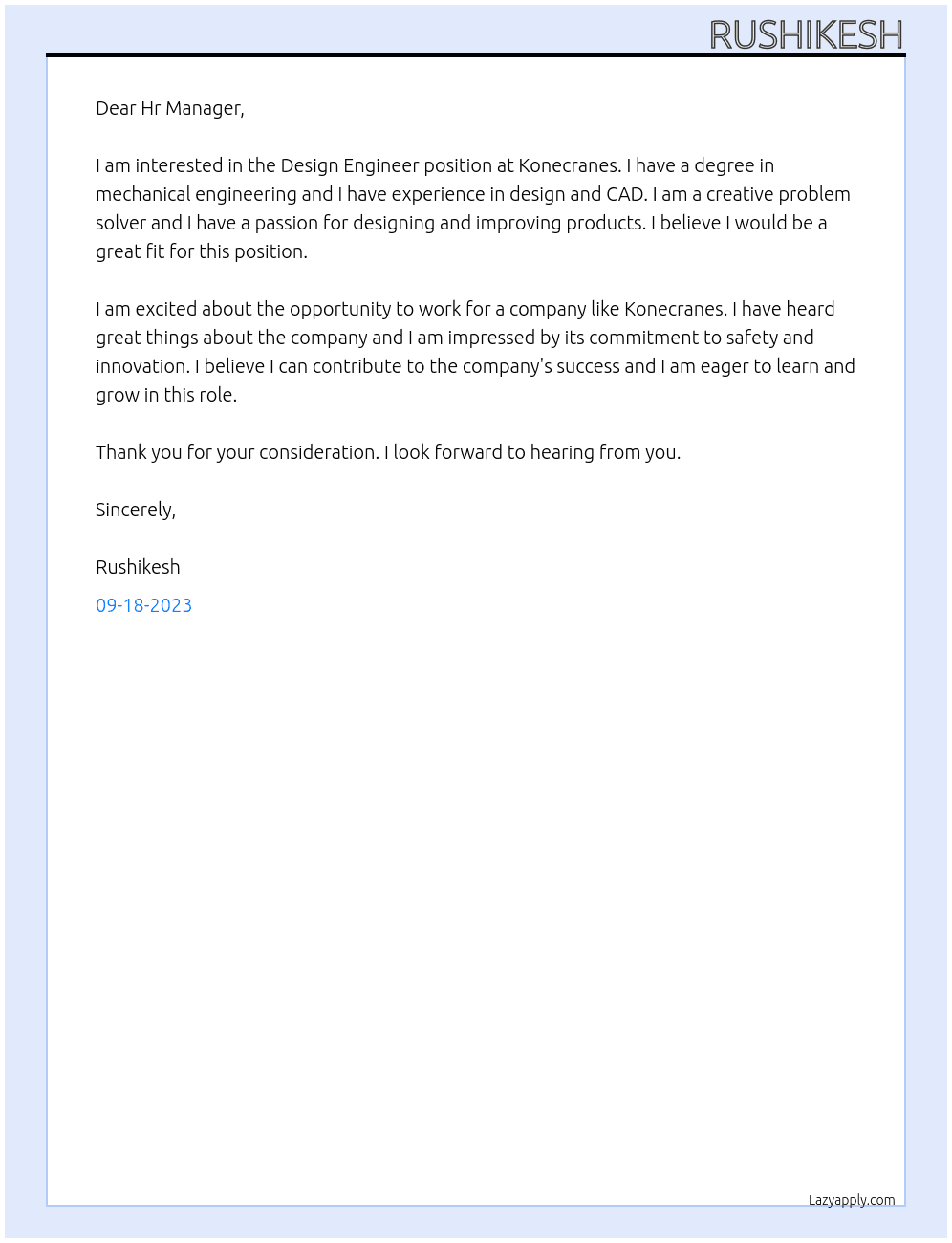 Design Engineer At Konecranes Cover Letter