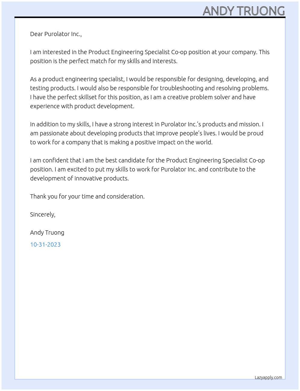 Product Engineering Specialist Co-op  At Purolator Inc. Cover Letter