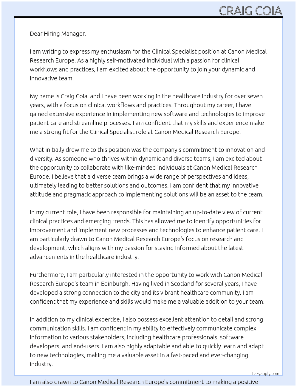 Clinical Specialist At Canon Medical Research Europe Cover Letter