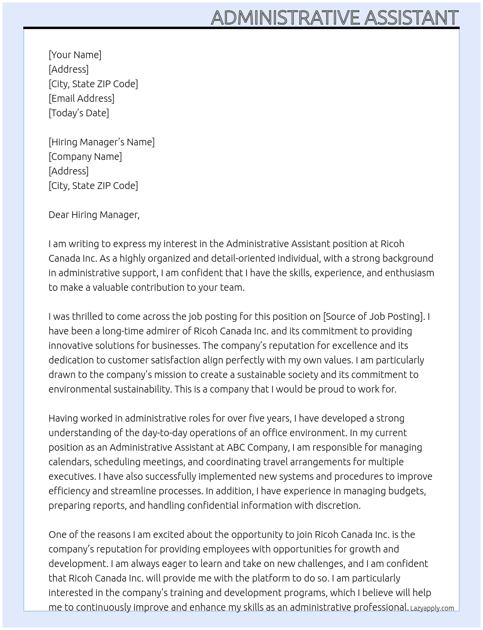 Admi At Ricoh Canada Inc. Cover Letter
