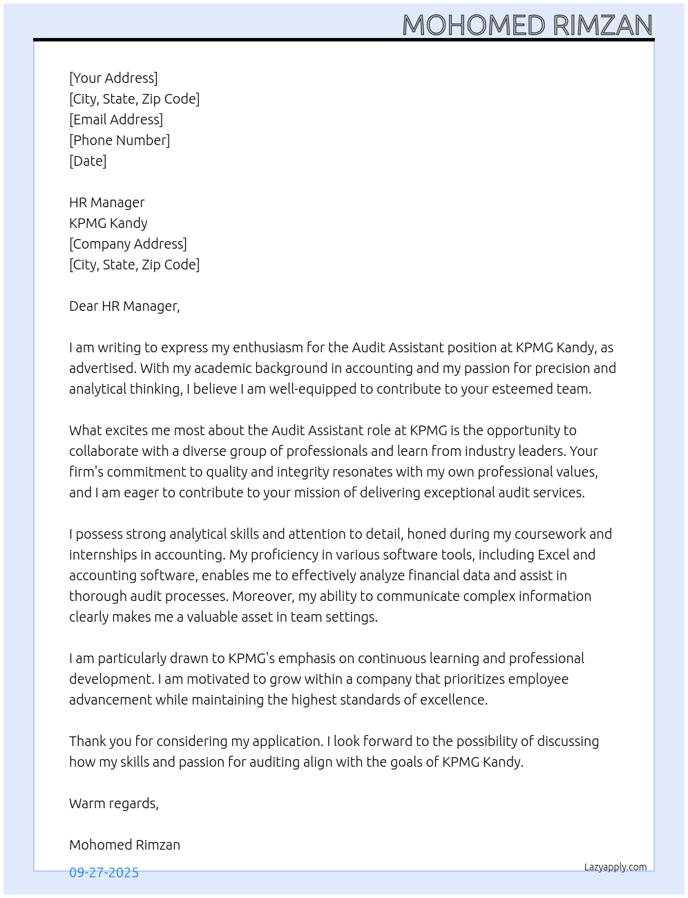 Cover letter for audit asistant - LazyApply