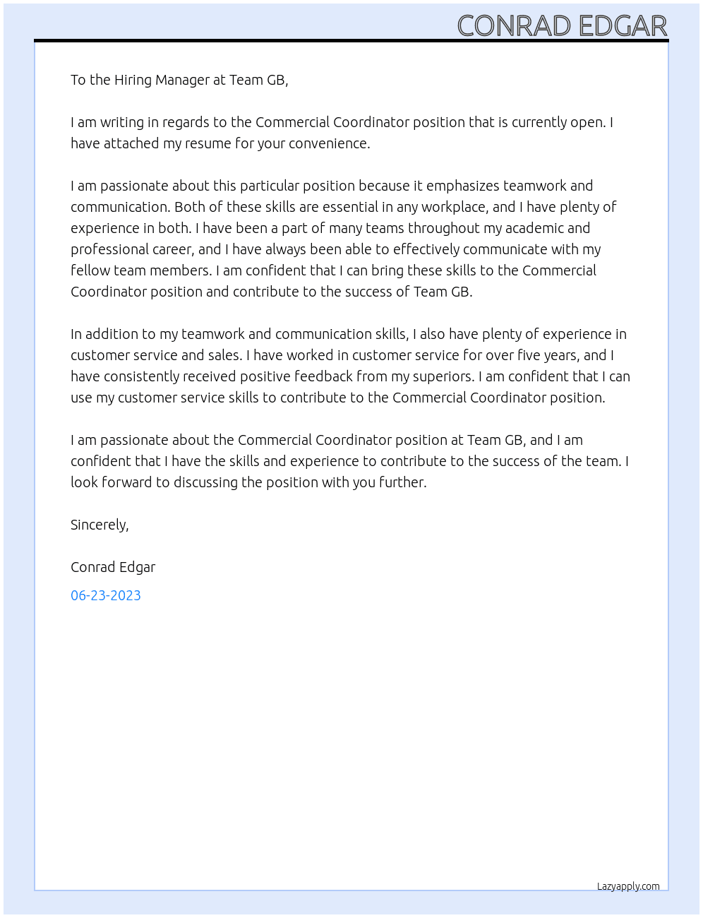 Commercial Coordinator At Team GB Cover Letter