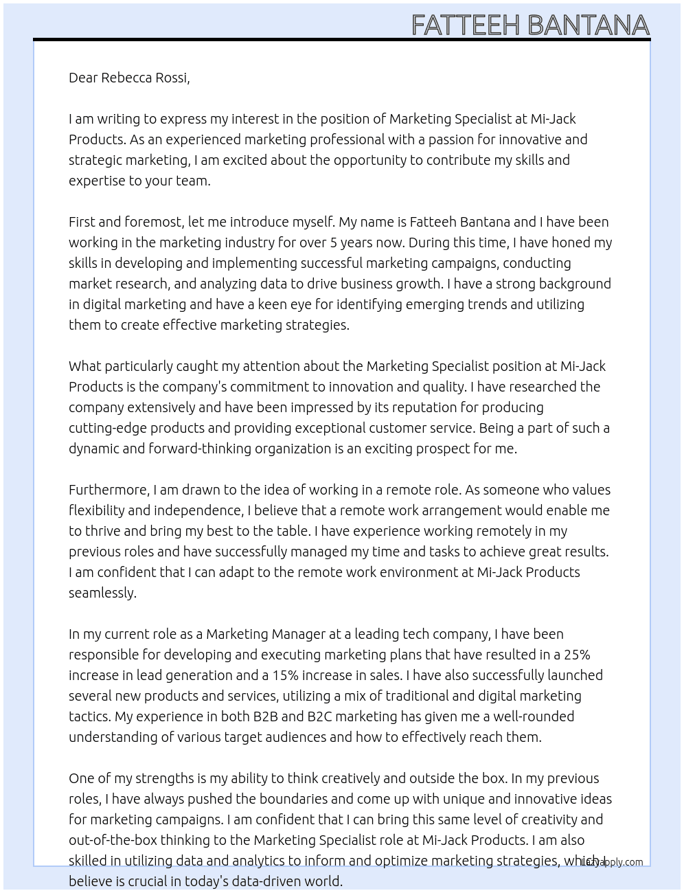 Marketing Specialist At Mi-Jack Products Cover Letter