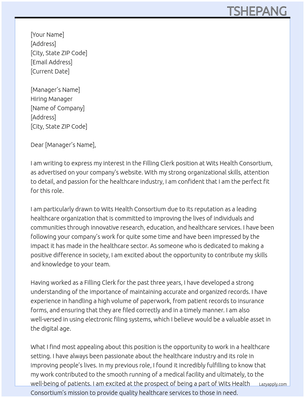 Filling clerk At Wits Health Consortium  Cover Letter