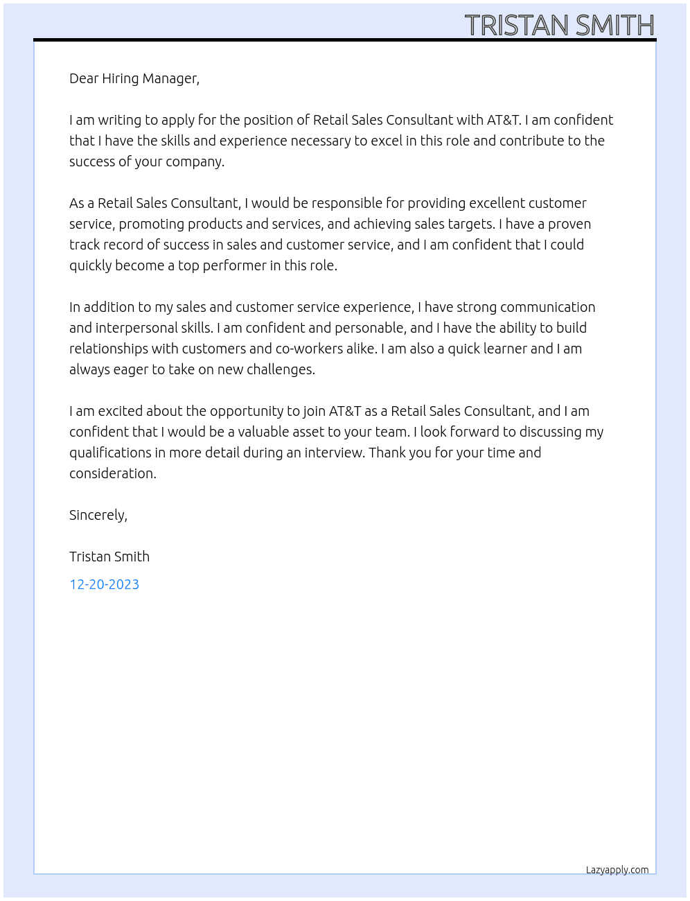 Retail Sales Consultant At AT&T Cover Letter