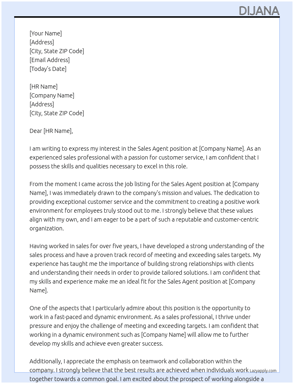 Sales agent At callcenter Cover Letter