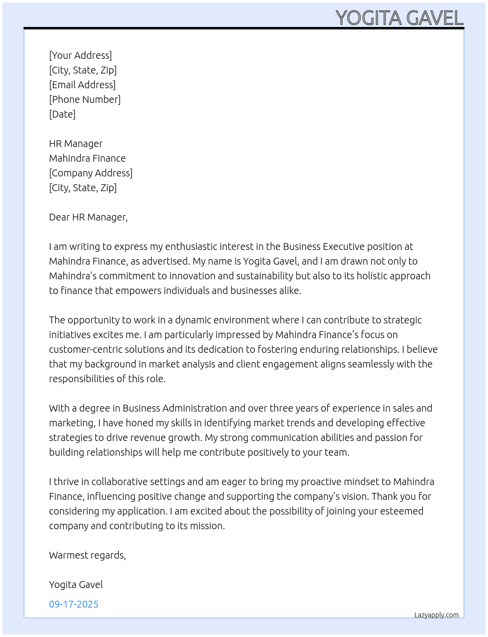 Business Executive  At MAHINDRA FAINENS  Cover Letter