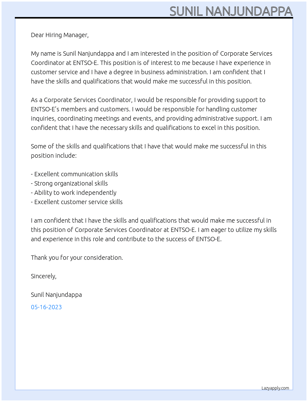 Corporate Services Coordinator At ENTSO-E  Cover Letter