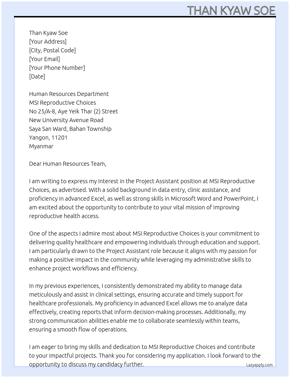 Project Assistant  At  MSI Reproductive Choices Cover Letter