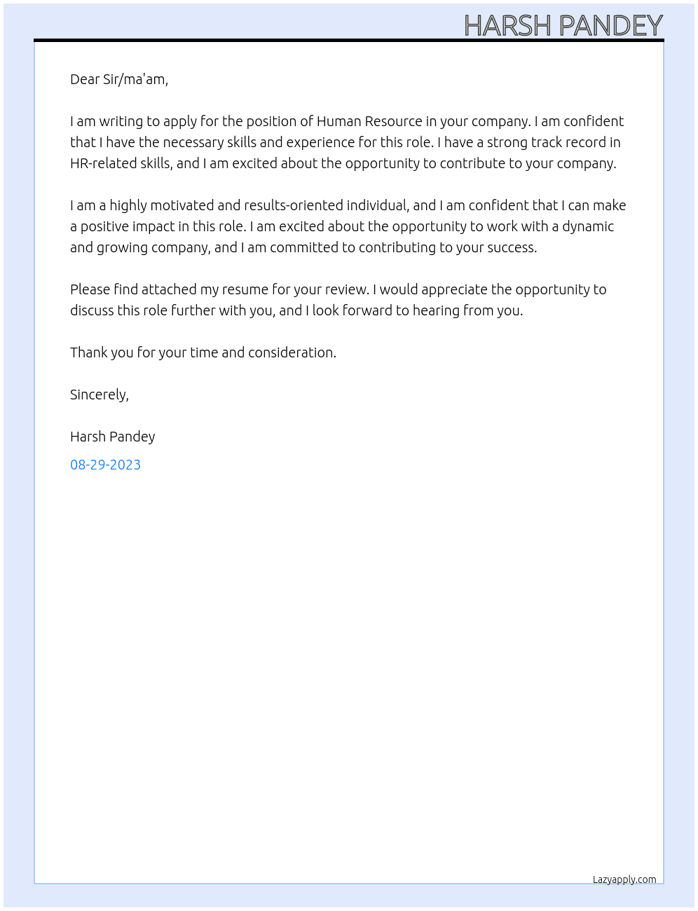 Human Resource  At Your company Cover Letter