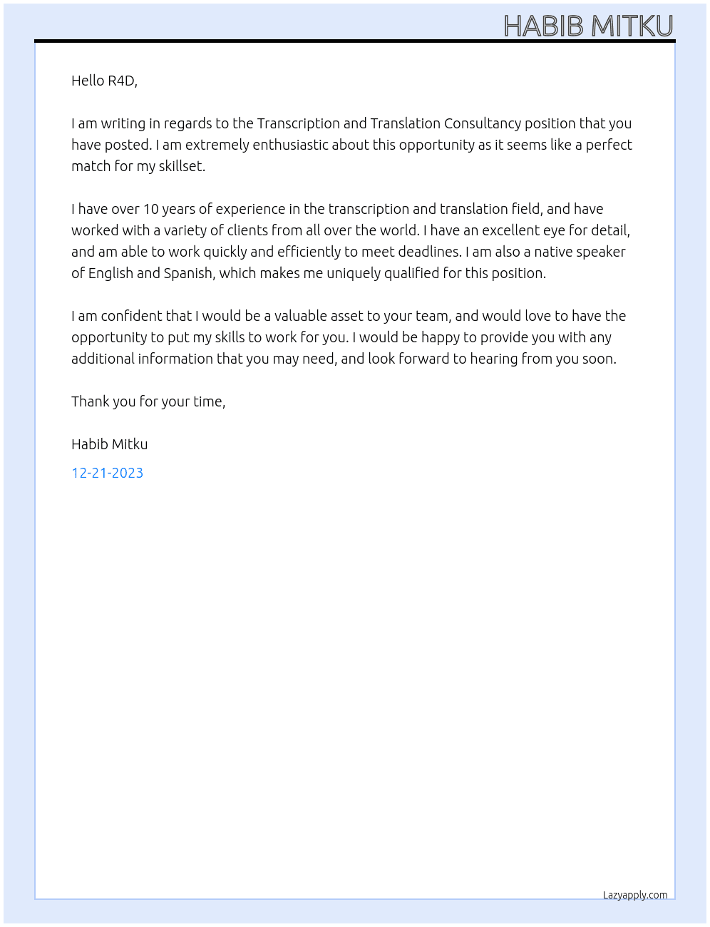 Transcription and Translation Consultancy At RESULTS FOR DEVELOPMENT Cover Letter