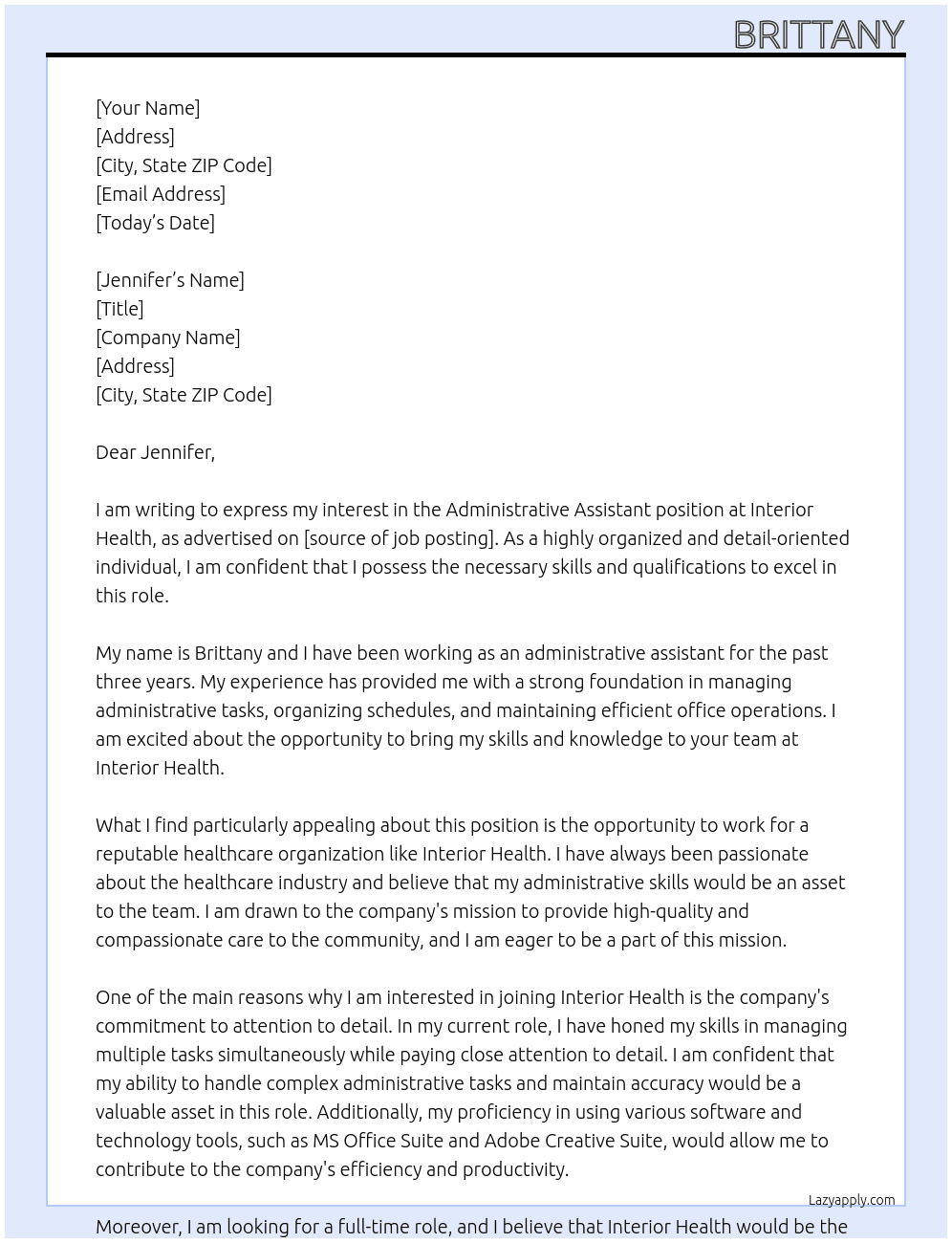Administrative Assistant At Interior Health Cover Letter