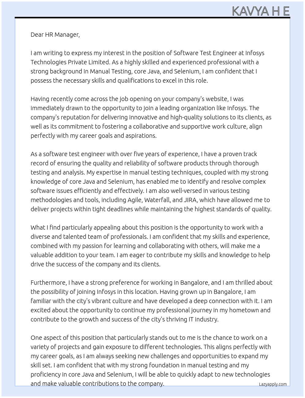 Software Test Engineer At Infosys Technologies Private Limited Cover Letter