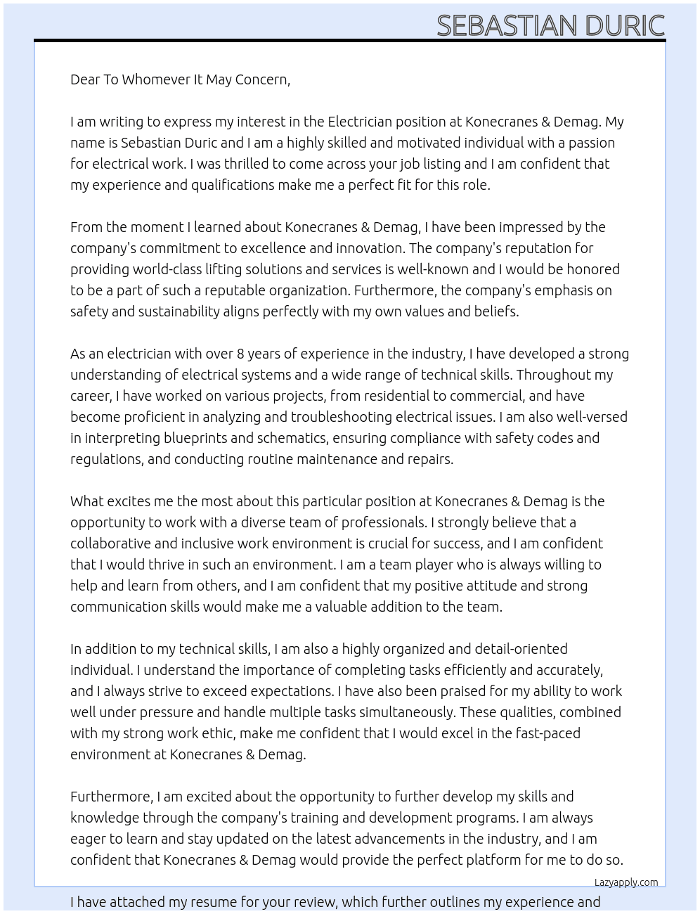 Electrician At Konecranes & Demag Cover Letter