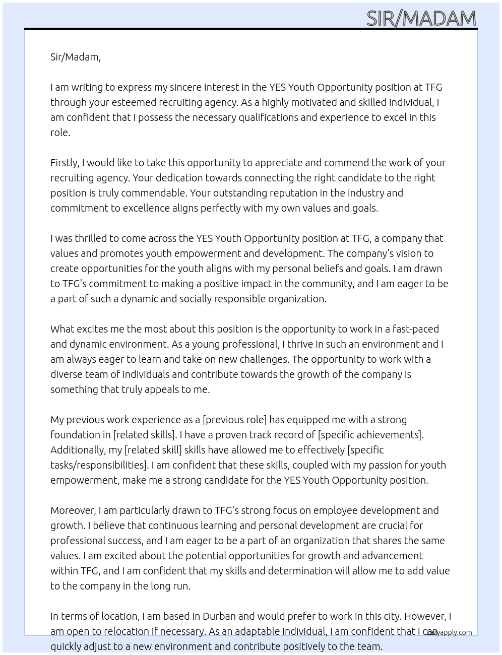 YES YOUTH OPPORTUNITY  At TFG Cover Letter