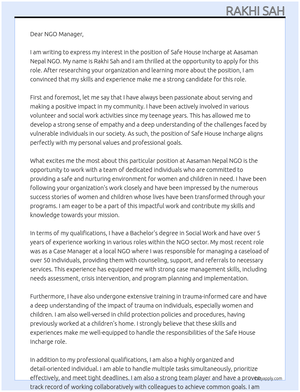 Safe House Incharge  At Aasaman NepalNGO Cover Letter