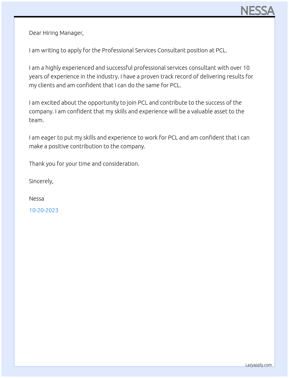 Professional Services Consultant At PCL Cover Letter