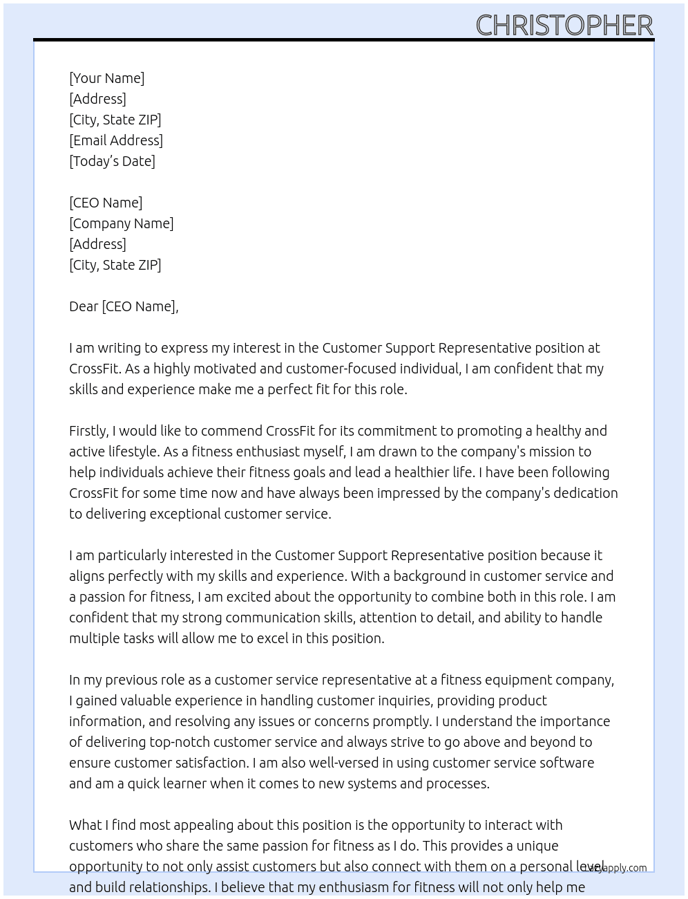 Customer Support Representative At CrossFit Cover Letter