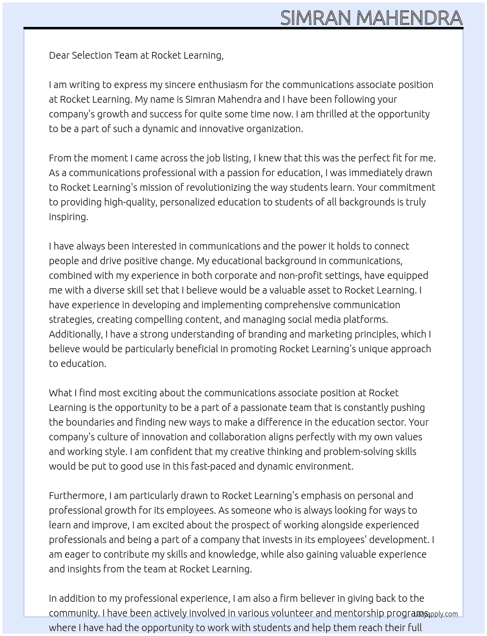 communications associate At Rocket learning Cover Letter