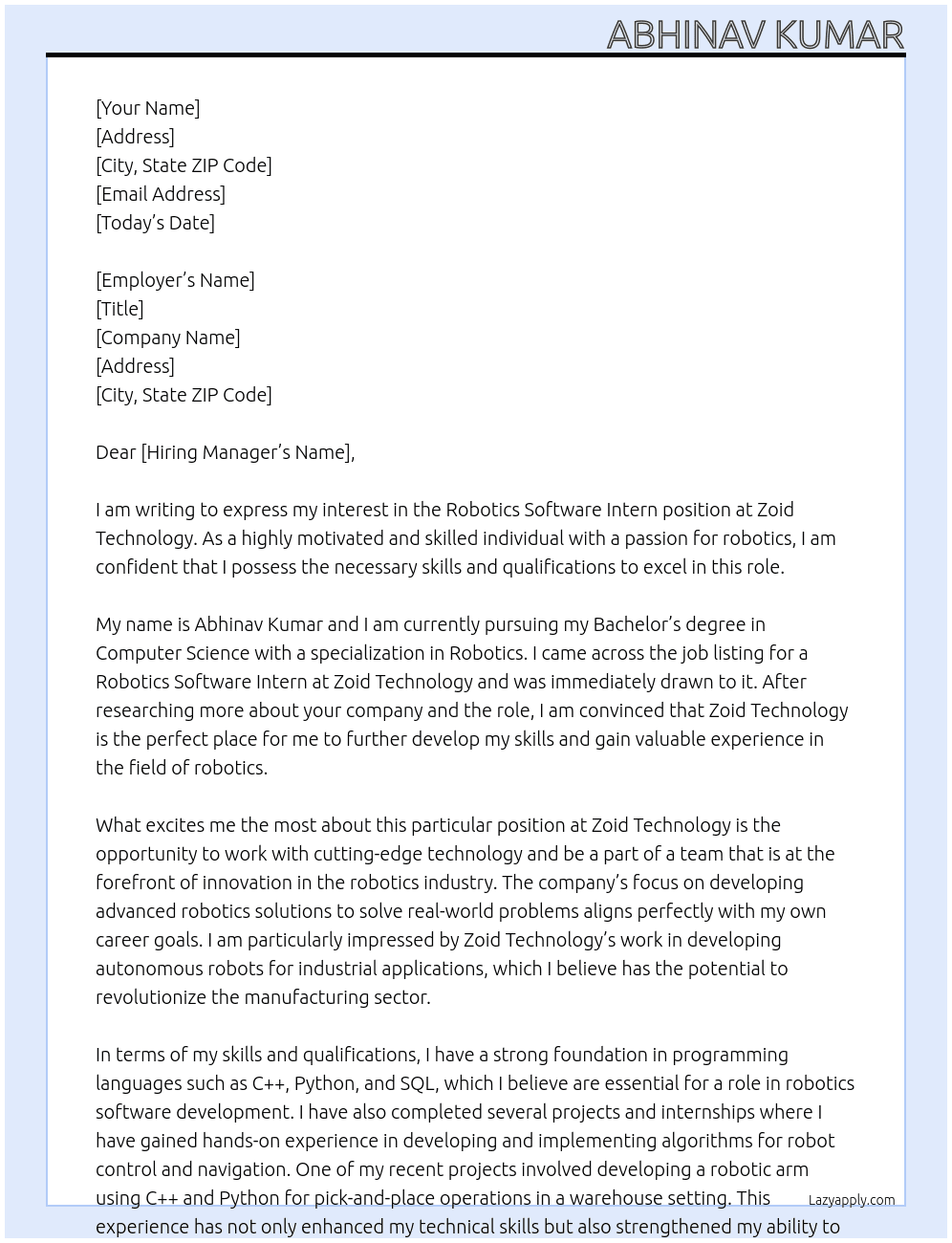 Robotics software intern At Zoid technology Cover Letter