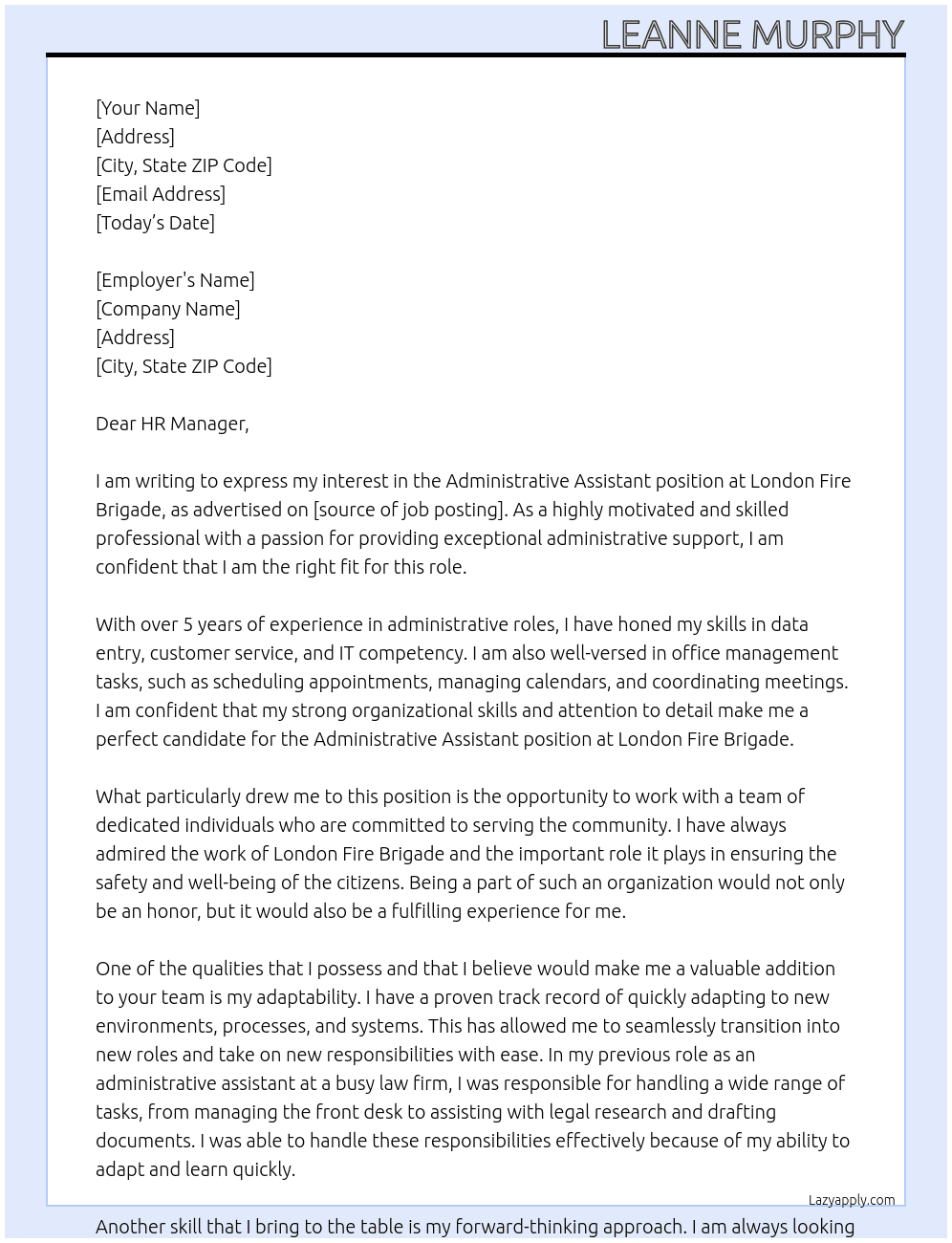 ADMINISTRATIVE ASSISTANT  At London Fire Brigade Cover Letter