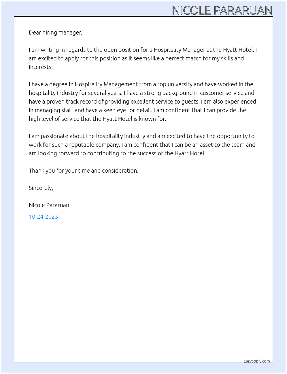 Hospitality Management At hyatt hotel Cover Letter