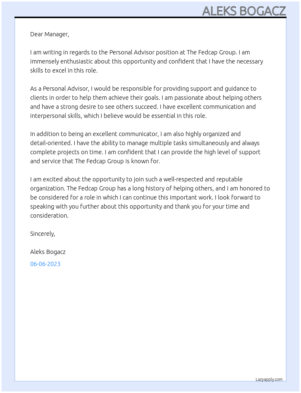 Personal Advisor At The Fedcap Group Cover Letter