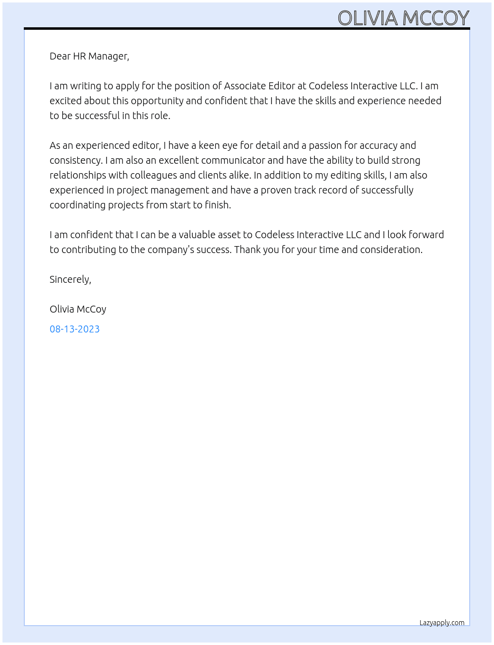 Associate Editor At Codeless Interactive LLc Cover Letter